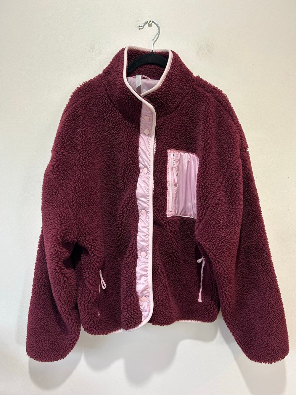 Women’s Plush Sherpa Jacket in Burgundy with Pink Trim